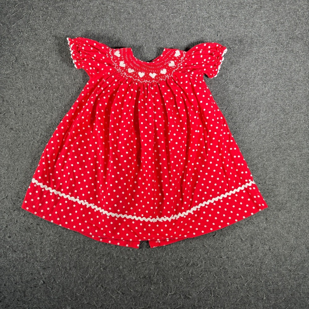 Delaney Red Polka Dot Smocked Heart Dress Toddler 2T Ric Rac Trim Cotton